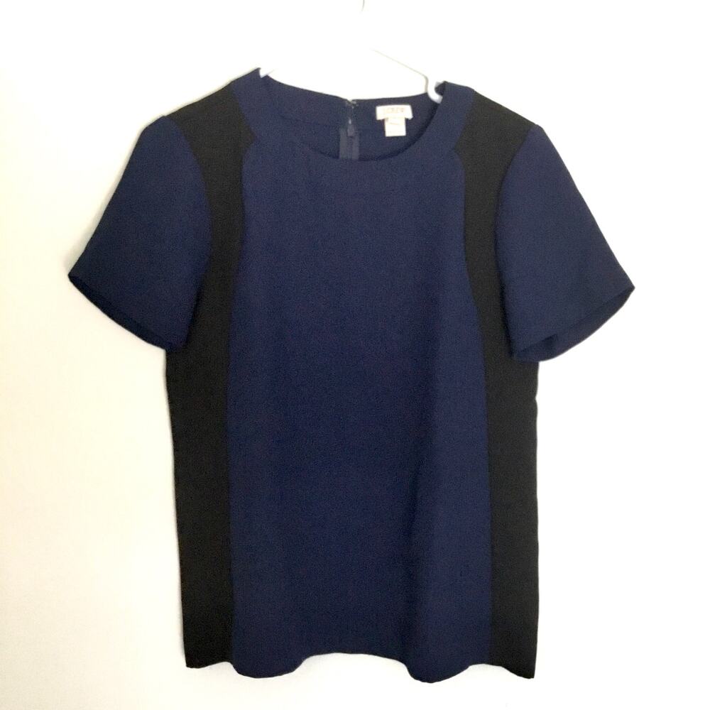 J Crew Short Sleeve Back zipper Color Block Blouse Navy Blue/Black Sz 2